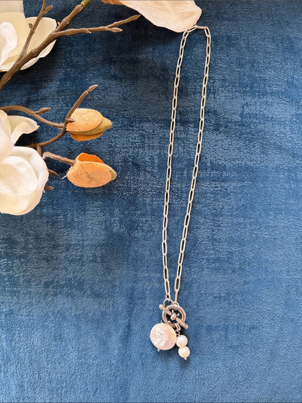 Silver Toned Chain Necklace with Pearl and Charm Pendant - Women Fashion Jewelry